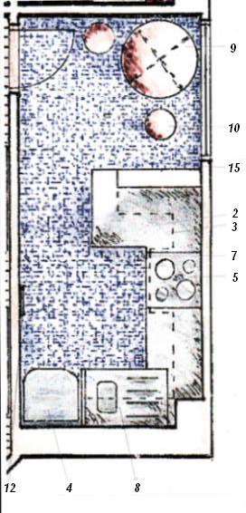Schiţă de amenajare bucătărie modernă 9 m.p., cu planul amenajării.