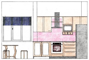 Schiţă de amenajare bucătărie modernă - secţiune pe lungime cu reprezentarea mobilierului