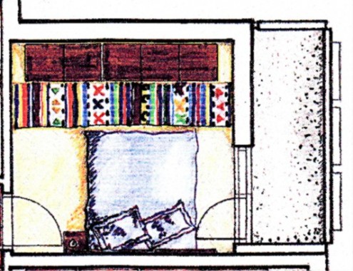 Schiţă de amenajare dormitor cu covoraş popular de lână ca decoraţiune.