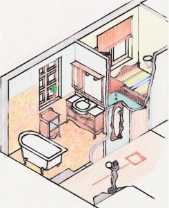 Schiţă de amenajare baie locuință stil clasic - reprezentare în spaţiu