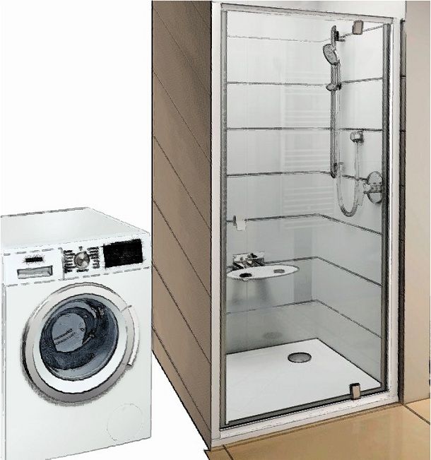 Schiță de amenajare baia de serviciu cu cabină de duș + mașină automată de spălat rufe.