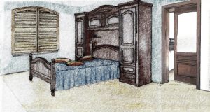 Schiță amenajare dormitor clasic cu ușă glisantă aparentă